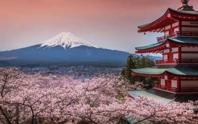 Mt. Fuji next to a beautiful red pagoda
