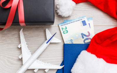travel items with xmas hat, passport and plane